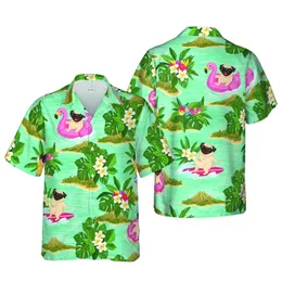 Pug Vacation Ocean Surf Design: Donut Flamingo Pugs, Palm Trees, Aquamarine Ocean Short-sleeve Hawaiian Shirt