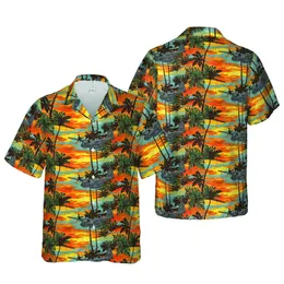 C-130 Military Plane Tropical Island Sunset Palm Tree Repeat Fabric Tile Short-sleeve Hawaiian Shirt