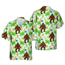 Bigfoot Fan Repeating Brown Bigfoot Beer Mug Green Palm Surf Blue Wave Pattern Short-sleeve Hawaiian Shirt