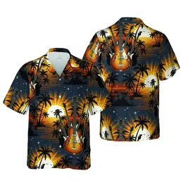 Guitarist's Hawaiian Sunset: Hollow-Body Electric Acoustic Guitars Tropical Palms Short-sleeve Hawaiian Shirt