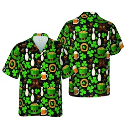 Leprechaun Hats Gold Horseshoes Beer Mugs Shamrocks Bowling Pins Black Hawaiian Print Short-sleeve Hawaiian Shirt