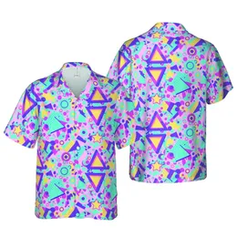80s 90s Memphis Hawaiian: Geometric Shape Pattern, Tropical Botanical Mosaic Short-sleeve Hawaiian Shirt