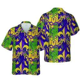 Mardi Gras Fleur-de-lis Masquerade Gold Purple Green Yellow Glittered Tropical Motif Short-sleeve Hawaiian Shirt