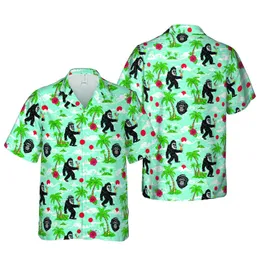 Seamless Bigfoot Sasquatch Tropical Cocktails Fedora Palm Hibiscus Ocean Short-sleeve Hawaiian Shirt