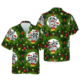 Raccoon Santa Hawaiian Pattern: Evergreen Christmas Bells Ornaments Pine Needles Short-sleeve Hawaiian Shirt