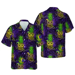 Mardi Gras Pineapple Mask Jester Hat Purple Green Gold Palm Frond Pattern Short-sleeve Hawaiian Shirt