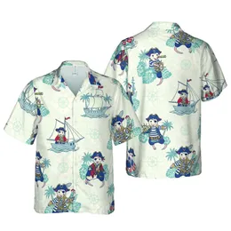 Opossum Pirate Hawaiian Nautical Pattern, Sailing Ship Anchor Ocean Chart Cream Dark Blue Short-sleeve Hawaiian Shirt