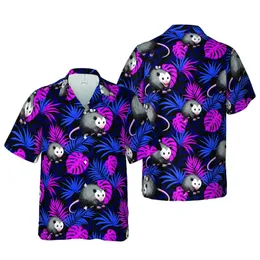 Virginia Opossum Palm Monstera Foliage Electric Blue Fuchsia Black Pattern Short-sleeve Hawaiian Shirt