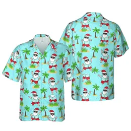 Santas Wearing Hawaiian Shirts Dancing Tropical Palm Trees Sand Blue Background Pattern Short-sleeve Hawaiian Shirt