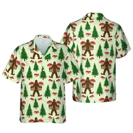 Bigfoot Walking Red Cap Mushroom Basket Hawaiian Evergreen Tropical Design Short-sleeve Hawaiian Shirt