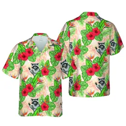 Raccoon Waving Peeking Hawaiian Hibiscus Bird Of Paradise Foliage Peach Wash Pattern Short-sleeve Hawaiian Shirt