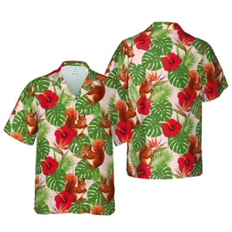 Realistic Red Squirrel Hibiscus Bird Paradise Monstera Palm Pink-Beige Seamless Pattern Short-sleeve Hawaiian Shirt