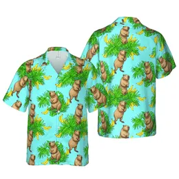 Photorealistic Capybara Hawaiian Pattern Design with Bananas & Palm Fronds Textile Print Short-sleeve Hawaiian Shirt