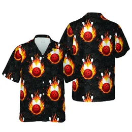 White Bowling Pins Red Ball Orange Flames Dark Smoky Gradients Hawaiian Print Short-sleeve Hawaiian Shirt