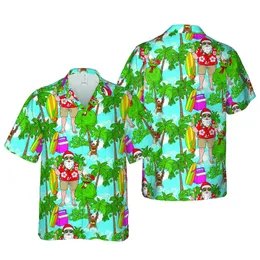 Santa Claus Tropical Beach Reindeer Holiday Scene - Palm Trees, Surfboards, Cocktail Short-sleeve Hawaiian Shirt