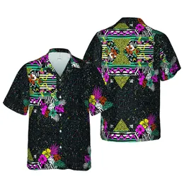 Hawaiian Geometric Triangles Animal Print Zig-Zag S-Shapes Black Pink Teal Yellow White Short-sleeve Hawaiian Shirt
