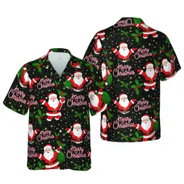 Christmas Santa Dancing Running Candy Cane Figures Holly Red Berry Golden Star Design Short-sleeve Hawaiian Shirt