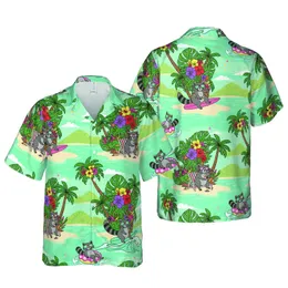Raccoon Tropical Surf Hawaiian Pattern: Ocean Palm Trees Beach Scene Landscape Short-sleeve Hawaiian Shirt