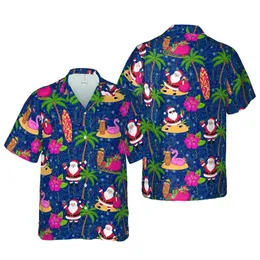 Tropical Santa Claus Hawaiian Pattern Palm Tree Hibiscus Flamingo Surfboard Snowflakes Short-sleeve Hawaiian Shirt