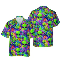 Green Alien Head Pattern: Stylized Skull & Red Sunglasses Grunge Textile Short-sleeve Hawaiian Shirt