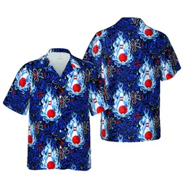 Bowler's Hawaiian Pattern: Red Striped Pins, Electric Blue Flames, Dark Navy Art Short-sleeve Hawaiian Shirt
