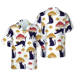 Black Cat Mushroom Hawaiian Pattern: Feline Fungi Red Yellow Purple Dots White Linen Short-sleeve Hawaiian Shirt