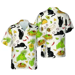 Black Cat & Mexican Food Hawaiian Design: Tacos Burritos Nachos Guacamole White Spice Backdrop Short-sleeve Hawaiian Shirt