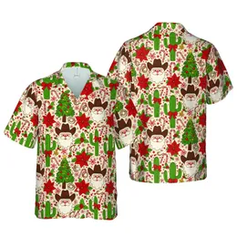 Santa Cowboy Faces Gingerbread Trees Saguaro Cactus Pine Poinsettia Candy Cane Design Short-sleeve Hawaiian Shirt