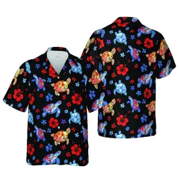 Tropical Sea Turtle Mosaic: Hibiscus, Watercolor Splash, Deep Black Background Short-sleeve Hawaiian Shirt