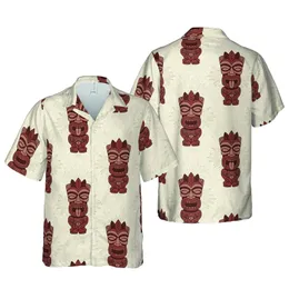 Seamless Hawaiian Polynesian Carved Tiki Statues Expressive Faces Beige Brown Green Print Short-sleeve Hawaiian Shirt
