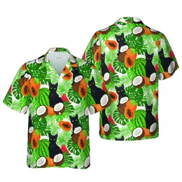 Black Cats Coconuts Papayas Watermelons Palm Fronds Monstera Leaves Design Short-sleeve Hawaiian Shirt