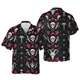 Occult Hawaiian Baphomet Skull Pentagram 666 Eye Symbols Red Black White Motif Short-sleeve Hawaiian Shirt