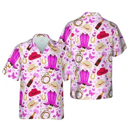 Hot Pink Cowboy Boots Hawaiian Pattern with Champagne, Lasso, Pink Hearts, Hats Short-sleeve Hawaiian Shirt