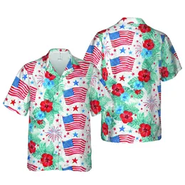 Patriotic Hawaiian Flag Hibiscus Floral Fireworks Stars Seamless Fabric Design Short-sleeve Hawaiian Shirt
