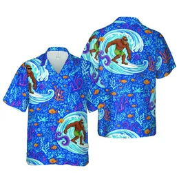 Surfing Bigfoot Hawaiian Wave Pattern: Sasquatch Brown Fur, Green Floral Shorts, Ocean Marine Mosaic Short-sleeve Hawaiian Shirt