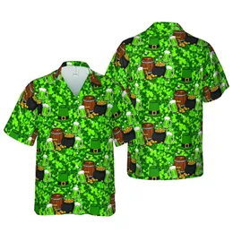 Leprechaun Hats Gold Coins Beer Barrel Tropical Pattern with Green Shamrocks Short-sleeve Hawaiian Shirt
