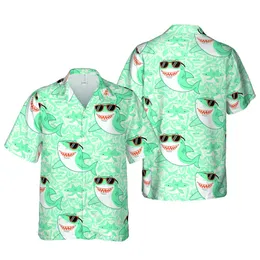 Shark Enthusiast Hawaiian Pattern: Teal Cartoon Sharks, Sunglasses, Wavy Shark Mosaic Short-sleeve Hawaiian Shirt