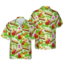 School Bus Hawaiian: Yellow Orange Red Hibiscus, Monstera Leaves, Cream Weave Design Short-sleeve Hawaiian Shirt