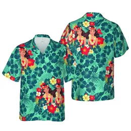 Women's Hawaiian Pin-Up: Dark Hair, Red Yellow White Floral Leis, Tropical Hibiscus Leaf Design Short-sleeve Hawaiian Shirt