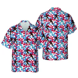 Bigfoot Sasquatch Poses Dark Brown Light Blue Gray Hawaiian Red Blue Camo Stars Short-sleeve Hawaiian Shirt