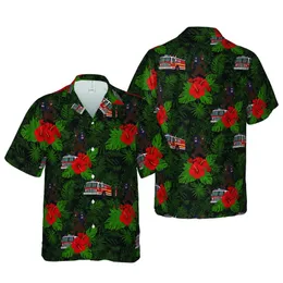 Bigfoot Fire Truck American Flag Hawaiian Red Hibiscus Dark Green Motif Short-sleeve Hawaiian Shirt