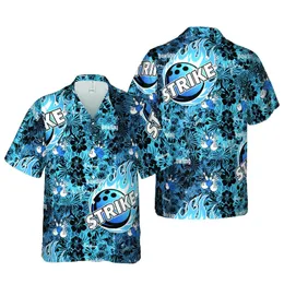 Bowler's STRIKE Bowling Ball Flames: Pins, Heartbeat Graphic, Black Electric Blue Gradient Short-sleeve Hawaiian Shirt
