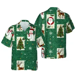 Snowman Santa Reindeer Christmas Tree Hawaiian Pattern - Teal Distressed Winter Motif Short-sleeve Hawaiian Shirt