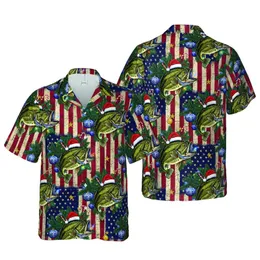 Santa Hat Largemouth Bass Christmas Hawaiian Distressed American Flag Pine Boughs Short-sleeve Hawaiian Shirt