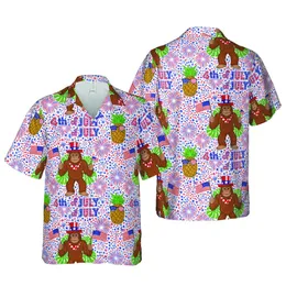 Patriotic Bigfoot Hawaiian 4th of July Pattern with Pineapples, Stars, Hearts Design Short-sleeve Hawaiian Shirt