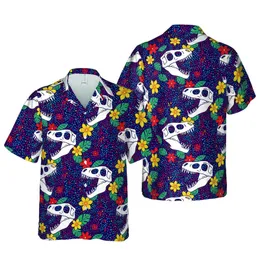 White T-Rex Skull Hawaiian Pattern, Indigo Red Teal Dot Floral Botanical Design Short-sleeve Hawaiian Shirt