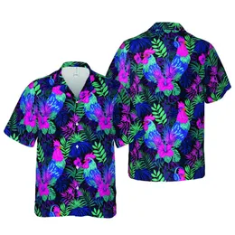 Rooster With Glasses & Headphones Tropical Hawaiian Jungle Foliage Fuchsia Blue Teal Black Short-sleeve Hawaiian Shirt