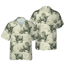 Highland Cow Hawaiian Botanical Pattern: Realistic Shaggy Cattle Sepia Weave Short-sleeve Hawaiian Shirt