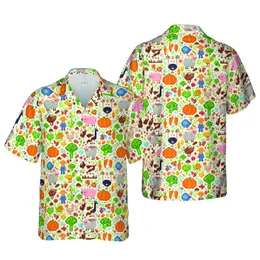 Pixel Farm Animals Hawaiian Pattern: Cows, Pigs, Sheep, Crops, Eggs Textile Design Short-sleeve Hawaiian Shirt