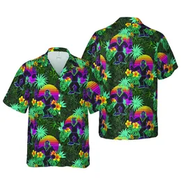 Sasquatch Bigfoot Hawaiian Pattern: Retro Sunset Neon Outlines Tropical Foliage Flowers Short-sleeve Hawaiian Shirt